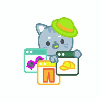 イラスト 猫,かわいい,ショッピング,帽子,動物,服,サングラス,買い物,可愛い,ファッションのイラスト素材