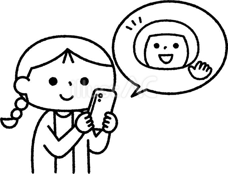 スマホで友達と連絡を取る女の子白黒 人物,子供,女の子のイラスト素材