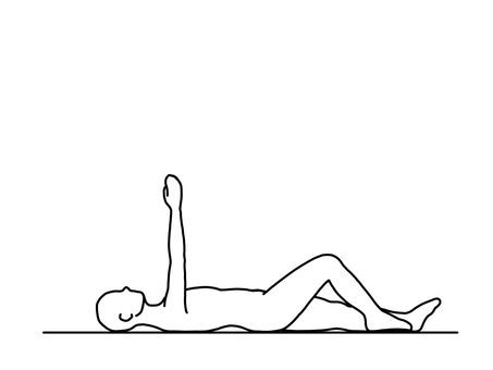 仰向けで片膝を立て腕を上に伸ばす人 臥位,仰向け,膝立て,挙手,横向き,線画,白黒のイラスト素材