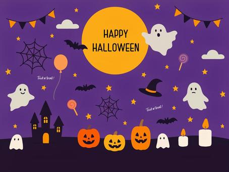 ハロウィン素材セット ハロウィン,halloween,フラットデザイン,かぼちゃ,ジャックオランタン,おばけ,ゴースト,こうもり,城,洋館のイラスト素材
