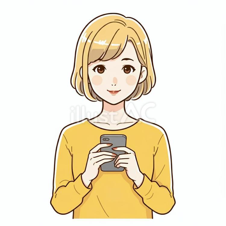 携帯を使う姿 女性,スマホ,黄色い服のイラスト素材