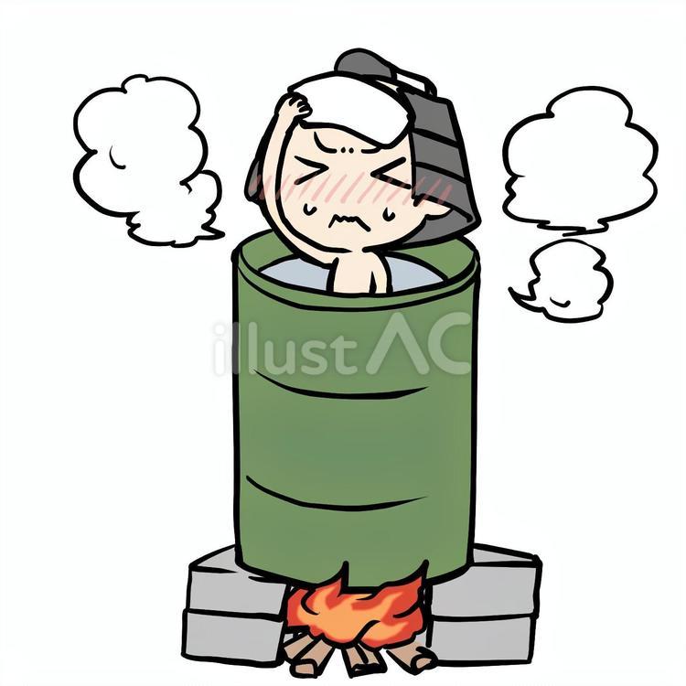 ドラム缶風呂と暑がる町民 町民,ドラム缶,暑がるのイラスト素材