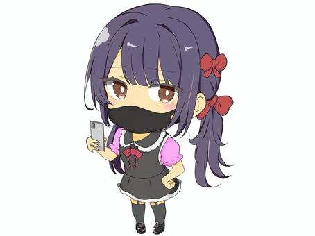 地雷系女子（スマホ） 女の子,地雷系,ツインテール,リボン,スカート,デフォルメ,２等身,萌え系,かわいい,黒マスクのイラスト素材