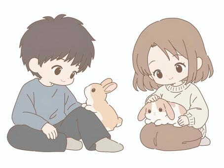 ほのぼのうさぎライフ生活の男女 うさぎ,兎,ネザーランドドワーフ,ホーランドロップ,ロップイヤー,ペット,愛兎,動物,男女,男性のイラスト素材