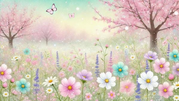 Gentle spring flower field and butterflies, JPG Gentle spring flower field and butterflies, spring, flower garden, cherry blossoms, JPG