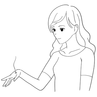 手にお灸をする女性の白黒イラスト お灸,鍼灸,東洋医学,ツボ,手,合谷,画像,白黒,モノクロ,線画のイラスト素材