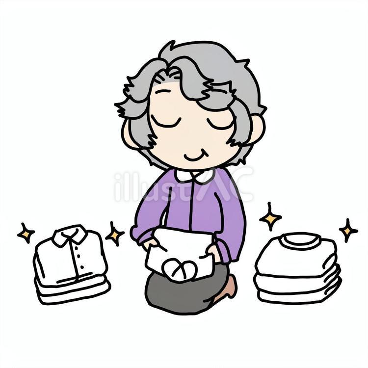 洗濯物を畳むおばあさん おばあさん,洗濯物,家事のイラスト素材