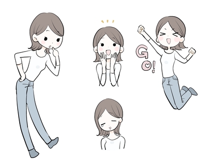 リアクション女性 主婦,リアクション,女性,笑顔,やる気,困った顔のイラスト素材