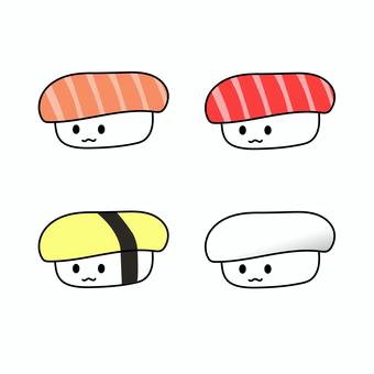 可愛い顔付きお寿司のセットイラスト 寿司,イラスト,キャラクター,日本食,可愛い,サーモン,マグロ,卵,ゆるい,魚のイラスト素材