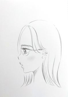 メガネ女子の横顔 美人,鉛筆画,手描き,女性,横顔,モノトーン,メガネ女子,現代風,ナチュラル,柔らかいのイラスト素材