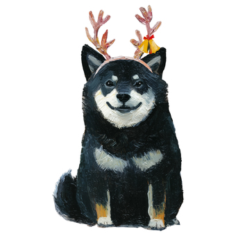 厚塗りのクリスマス黒柴 黒柴,犬,ペット,クリスマス,トナカイ,カチューシャ,角,かわいい,ゆるい,手描きのイラスト素材