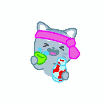 イラスト0123 猫,キャラクター,かわいい,酒,日本酒,お祭り,酔っ払い,ハチマキ,笑顔,楽しいのイラスト素材