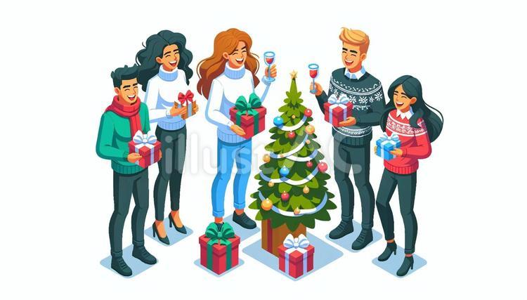 クリスマスを楽しむ友人・仲間 クリスマス,イブ,パーティーのイラスト素材