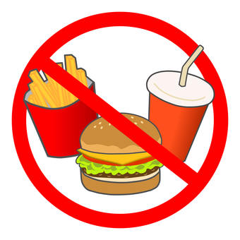 飲食禁止 ハンバーガー,ポテト,ファストフード,食べ物,飲み物,飲食,ジュース,カップ,持ち込み,注意のイラスト素材