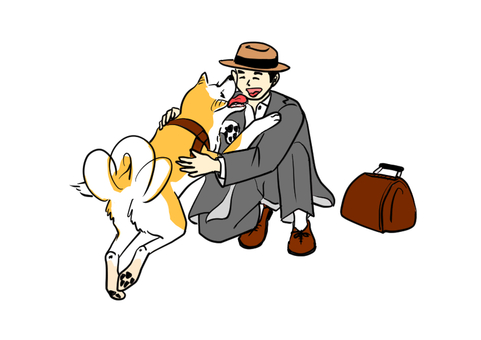 上野英三郎博士と秋田犬のハチ 秋田犬,嬉しい,再会,愛犬,ペット,男性のイラスト素材