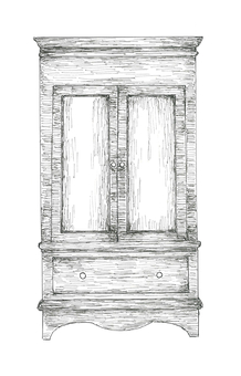 古い木製のワードローブの手描きイラスト 洋服ダンス,収納,アンティーク,家具,木目,インテリア,手描き,リアル,モノクロ,挿絵のイラスト素材