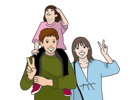 ピースする仲良し3人家族 親子,肩車,ピース,3人,笑顔のイラスト素材