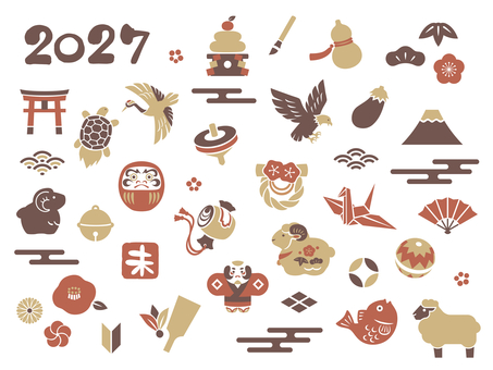 かわいいお正月のスタンプアイコン　未年 お正月,2027年,年賀状,アイコン,令和九年,未年,羊,未,和,正月のイラスト素材