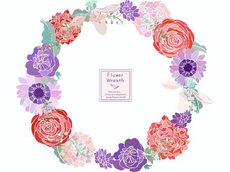 ラナンキュラス、ナズナリース ラナンキュラス,ナズナ,アネモネ,葉,ラン,スカビオサ,花,リース,フレーム,白背景のイラスト素材