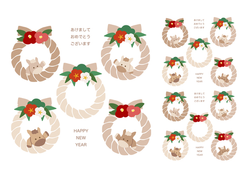 A4:午年お馬さんとしめ縄のセット02 午年,しめ縄,お正月,お正月素材,年賀状,午,馬,かわいい,2026年,松竹梅のイラスト素材