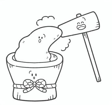 お餅つきの白黒手描きイラスト3 餅付き,かわいい,白黒,臼,杵,餅,年賀,行事,イベント,食べ物のイラスト素材