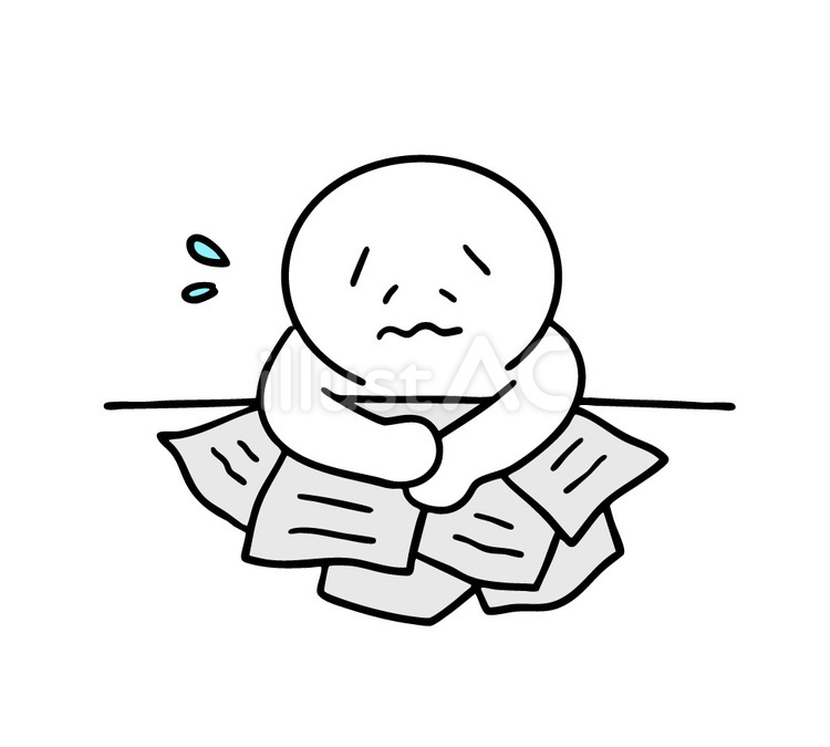 タスク仕事が多すぎて困っている棒人間 タスク過多,書類の山,困るのイラスト素材