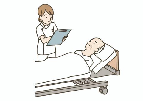 病室で高齢者のバイタルチェックする看護師 看護師,ナース,医療,バイタル,バイタルチェック,検温,健康チェック,問診,記録,カルテのイラスト素材