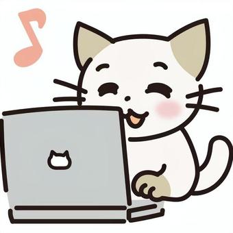ニコニコPCする猫 pc,タイピング,猫,仕事,笑顔,ニコニコのイラスト素材