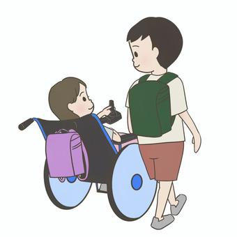 一緒に登校 車椅子,インクルーシブ,登校,小学校,ランドセル,電動車椅子,仲良し,友達,男の子,女の子のイラスト素材