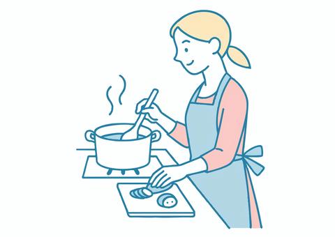 鍋で料理するエプロン姿の女性のイラスト 料理,家事,主婦,鍋料理,煮込み,エプロン,台所,キッチン,調理中,女性のイラスト素材