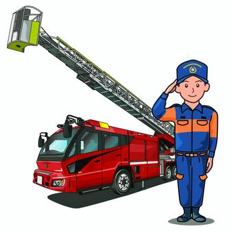 敬礼する消防隊員とはしご車 消防署,敬礼,消防隊員,消防車,はしご付,消防自動車,緊急車両,イラストのイラスト素材