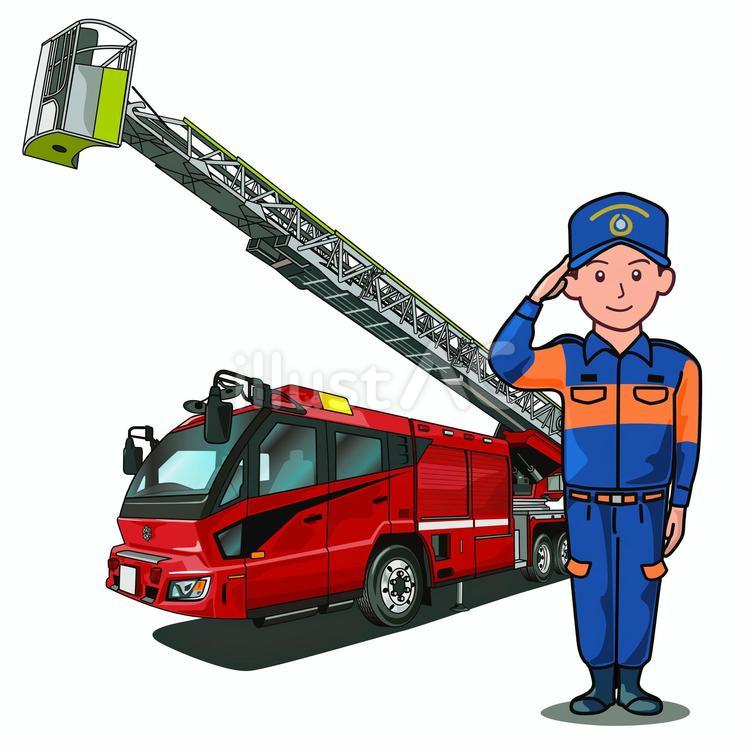 敬礼する消防隊員とはしご車 消防,はしご車,消防署のイラスト素材