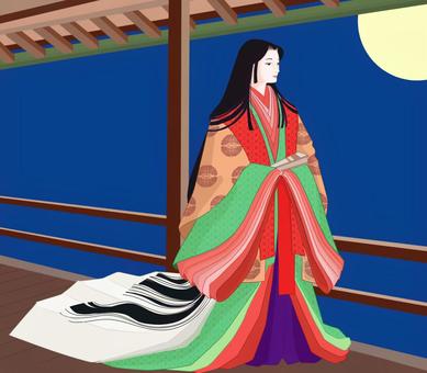 月を眺める十二単のかぐや姫 十二単,十五夜,かぐや姫,日本,縁側,夜,月,眺める,物憂げのイラスト素材