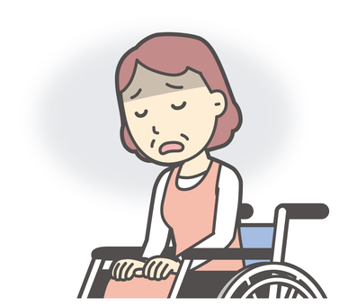  車いすに座って落ち込む中年の女性 落ち込む,おばさん,人,女性,中年,おばちゃん,シニア,ママ,主婦,ヘルパーのイラスト素材