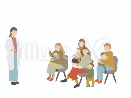 集団検診の親子たち
