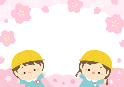 入園式の子どもと桜のイラスト02 桜,春,花,入園,入園式,幼稚園,子ども,人物,男の子,女の子のイラスト素材