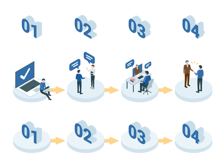 アイソメトリック_エージェント_ステップ アイソメトリック,立体,アイソメ,斜め上,人物,会社員,フリーランス,業務委託,契約,社員のイラスト素材