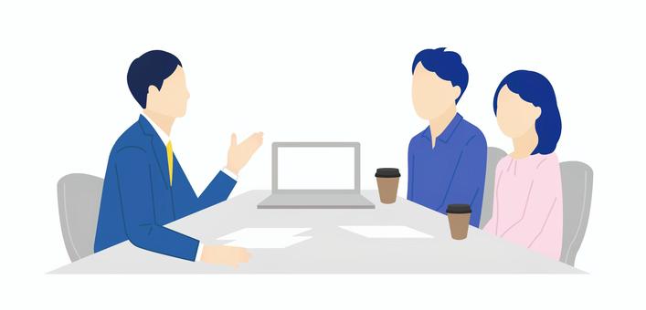 窓口でお客様の接客をするビジネスパーソン 説明,相談,提案,商談,接客,打ち合わせ,窓口,カウンター,案内,営業のイラスト素材