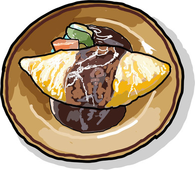 オムライス-02 オムライス,玉子,ご飯,にんじん,デミグラ,ソース,食事,手描き,簡単のイラスト素材