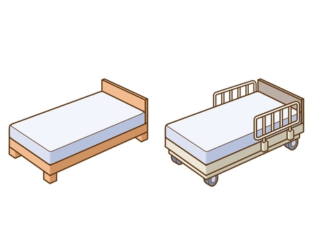 ベッド／介護ベッド：マットあり ベッド,リクライニングベッド,寝具,家具,木材,木製,金属,柵,キャスター,マットのイラスト素材