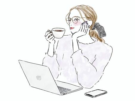 女性　PC 頬杖　リボン　コーヒー　眼鏡 女性,pc,ビジネス,仕事,スマホ,頬杖,リボン,パソコン,考える,休憩のイラスト素材