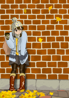 人待ち顔の秋 秋,落葉,コーヒー,帽子,ブーツ,レンガ壁,待ち合わせのイラスト素材