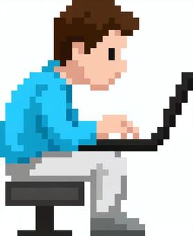 ドット絵のパソコンをしてる人です。 ドット絵,ノートパソコン,シンプル,パソコン,作業,在宅ワーク,オフィス,リモート,テレワーク,学習のイラスト素材