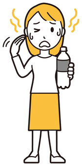  ロングヘア女性(黄)-093-全身 暑い,女性,女の子,人物,かわいい,汗,ペットボトル,脱水症状,熱中症,飲み物のイラスト素材