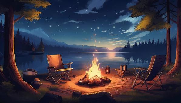 Lakeside and bonfire, JPG Lakeside and bonfire, camp, bonfire, lakeside, JPG