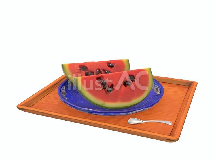 夏の熱中症対策の水分補給のスイカと皿と盆 お盆,ガラス,皿のイラスト素材
