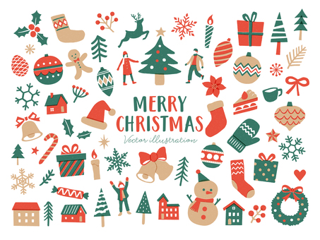 クリスマスと冬の装飾イラストセット クリスマス,冬,飾り,人,オーナメント,人物,アイコン,クリスマスツリー,シンプル,装飾のイラスト素材