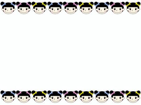 女の子のフレ−ム 女の子,フレ−ム,ポストカード,メッセージカード,三人娘,お団子,リボン,背景なしのイラスト素材