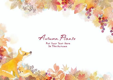 紅葉と森の動物の水彩フレーム026 秋,紅葉,もみじ,葉っぱ,木の葉,水彩,きつね,親子,こぎつね,山葡萄のイラスト素材