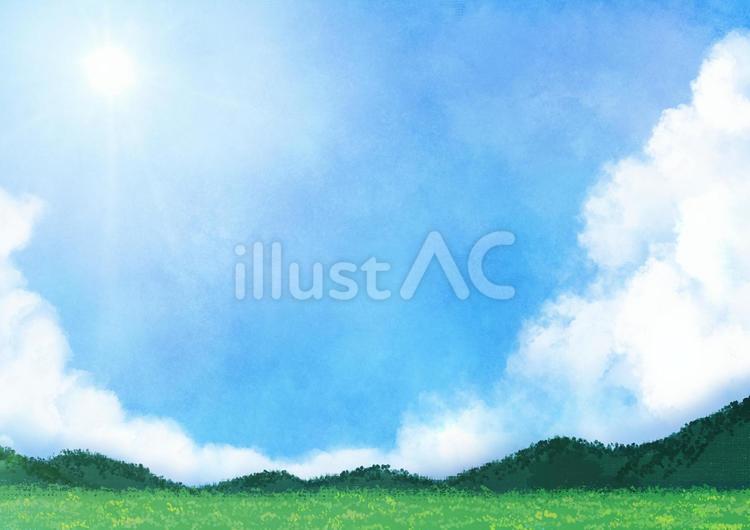 夏の青空と野山の手描き背景 夏休み,背景,空のイラスト素材